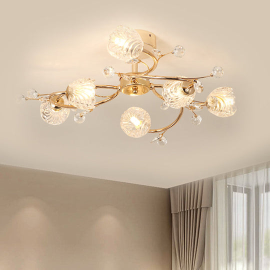 Minimalist Gold Ceiling Light Fixture With Bloom Clear Crystal Shade - 6 - Head Bedroom Semi Flush