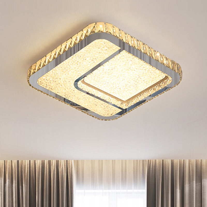 Modern Led Parlor Flushmount Ceiling Fixture With Square Crystal Shade - Chrome Finish In