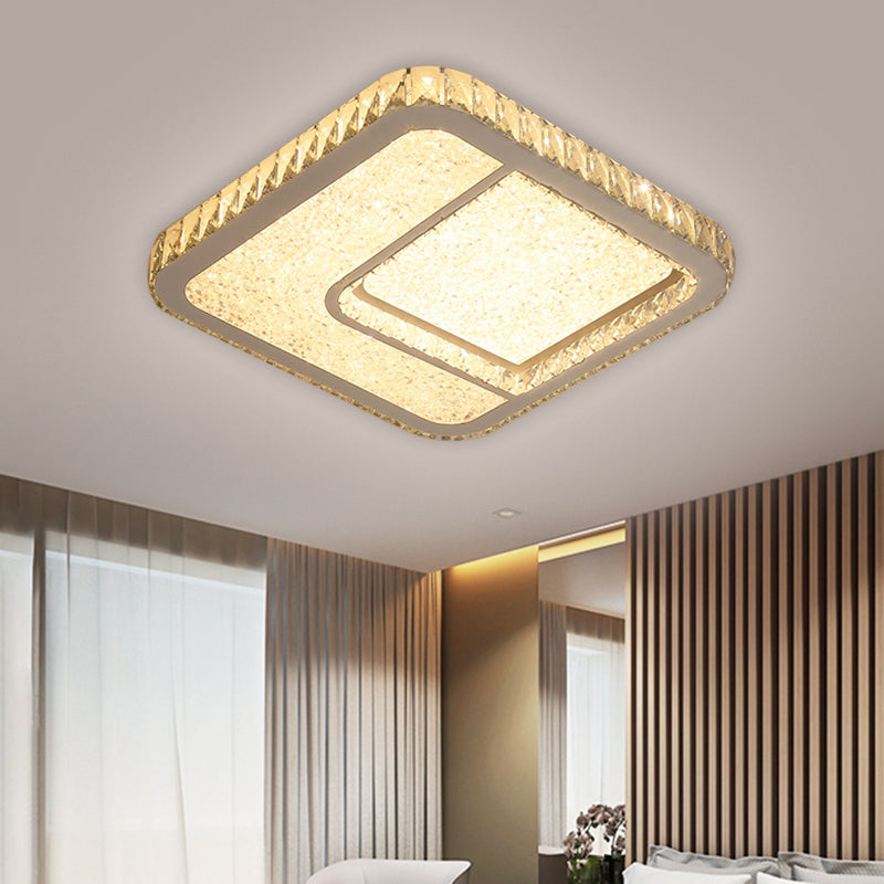 Modern Led Parlor Flushmount Ceiling Fixture With Square Crystal Shade - Chrome Finish In