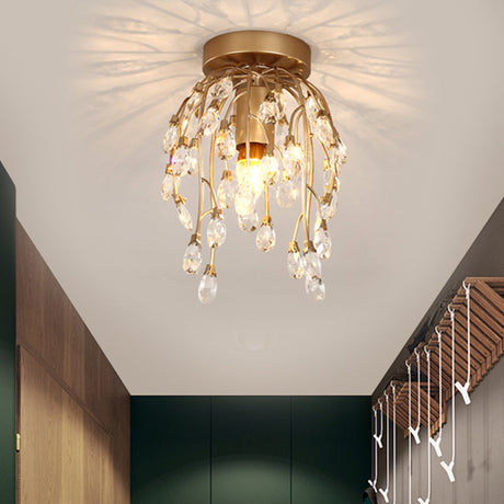 Modern Corolla Crystal Close To Ceiling Lamp - 1 Light Semi Flush Mount Brass Lighting For Corridors