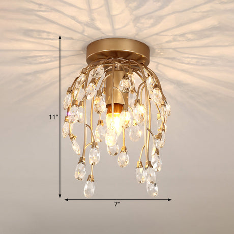 Modern Corolla Crystal Close To Ceiling Lamp - 1 Light Semi Flush Mount Brass Lighting For Corridors