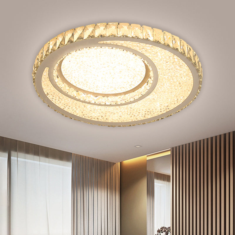 Contemporary Led Crystal Round Flush Mount Ceiling Lamp In Chrome With Warm/White Light