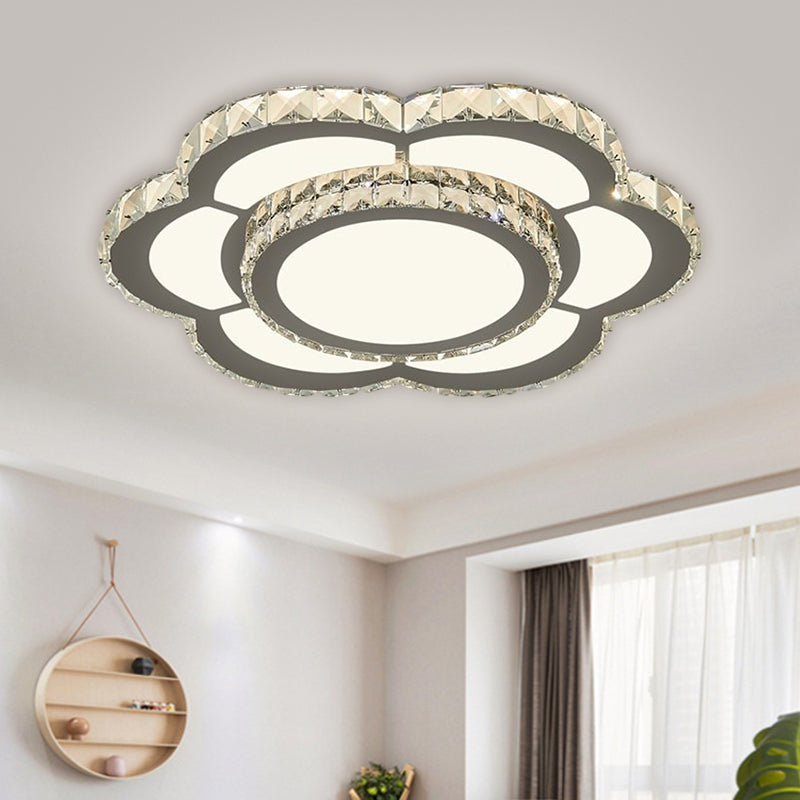Chrome Led Flower Ceiling Light With Faceted Crystal And Warm/White Glow 18’ Or 23.5’ Wide / White