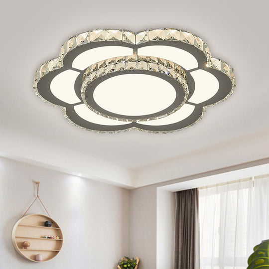 Chrome Led Flower Ceiling Light With Faceted Crystal And Warm/White Glow 18’ Or 23.5’ Wide / White