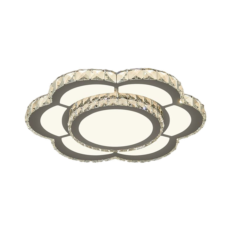 Chrome Led Flower Ceiling Light With Faceted Crystal And Warm/White Glow 18’ Or 23.5’ Wide