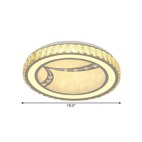 Drum Ceiling Lamp With Crystal Bead Deco - Minimalist Acrylic Led Flush Mount Fixture Chrome Finish