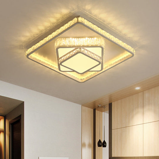 Minimalistic Led Crystal Flush Lamp: White Ceiling-Mounted Fixture With Square Block Design