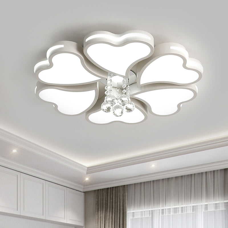 Modernist Heart Flush Light Metallic Ceiling Fixture With Crystal Accent - White 6/8 Bulbs