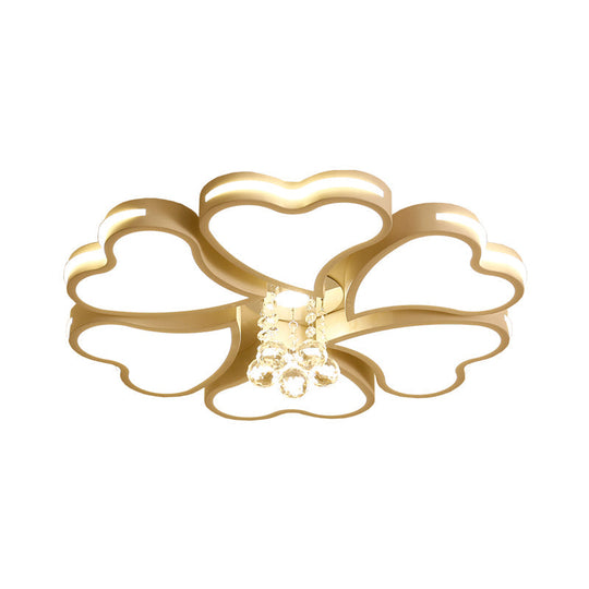 Modernist Heart Flush Light Metallic Ceiling Fixture With Crystal Accent - White 6/8 Bulbs