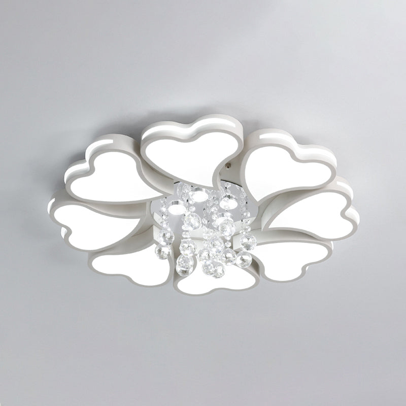Modernist Heart Flush Light Metallic Ceiling Fixture With Crystal Accent - White 6/8 Bulbs