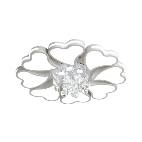 Modernist Heart Flush Light Metallic Ceiling Fixture With Crystal Accent - White 6/8 Bulbs