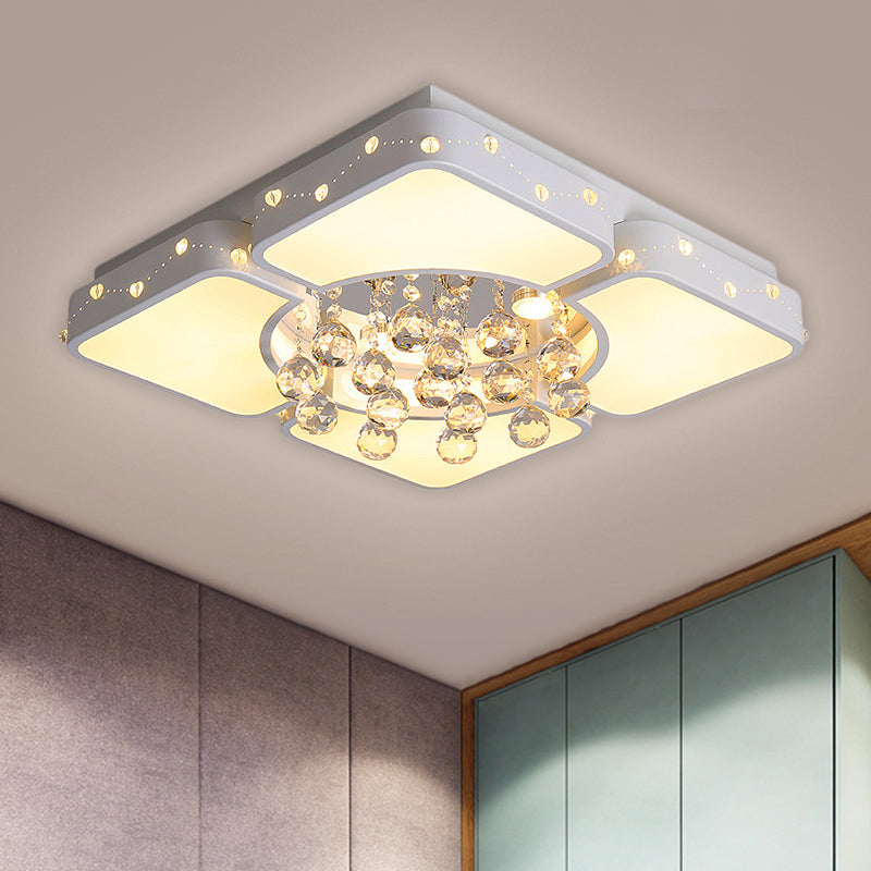 Modernist Metal Led Bedroom Flush Mount Light In White With Crystal Droplet | Square