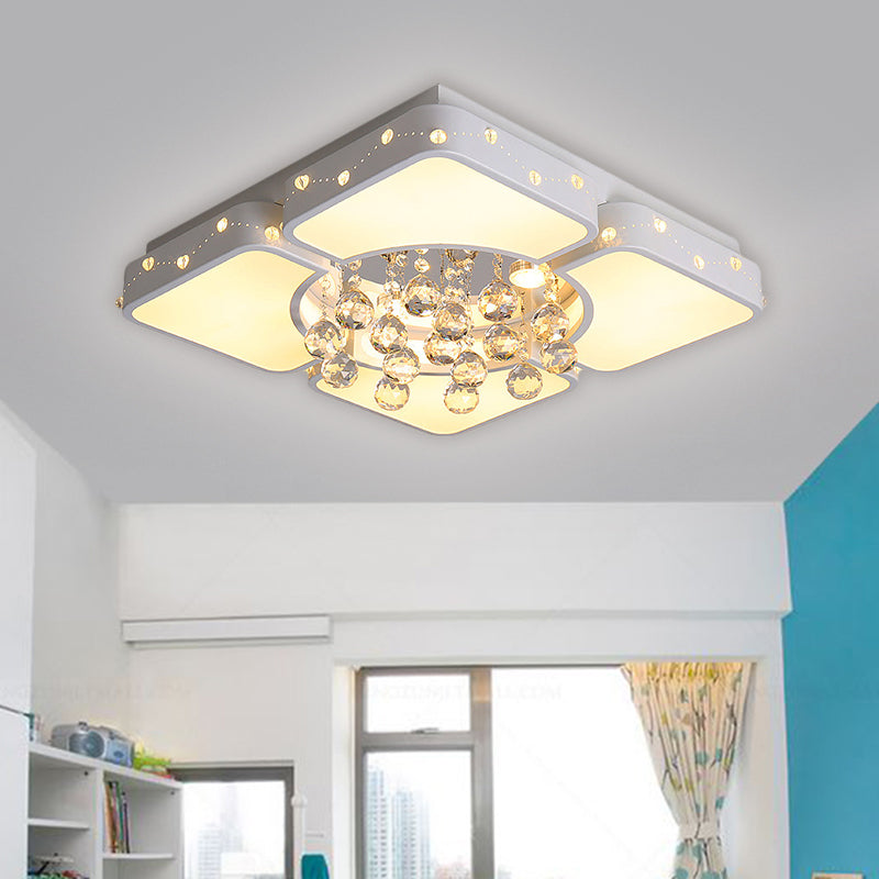 Modernist Metal Led Bedroom Flush Mount Light In White With Crystal Droplet | Square