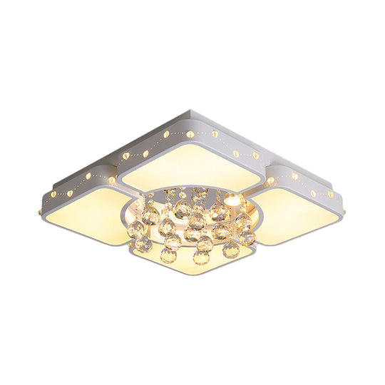 Modernist Metal Led Bedroom Flush Mount Light In White With Crystal Droplet | Square
