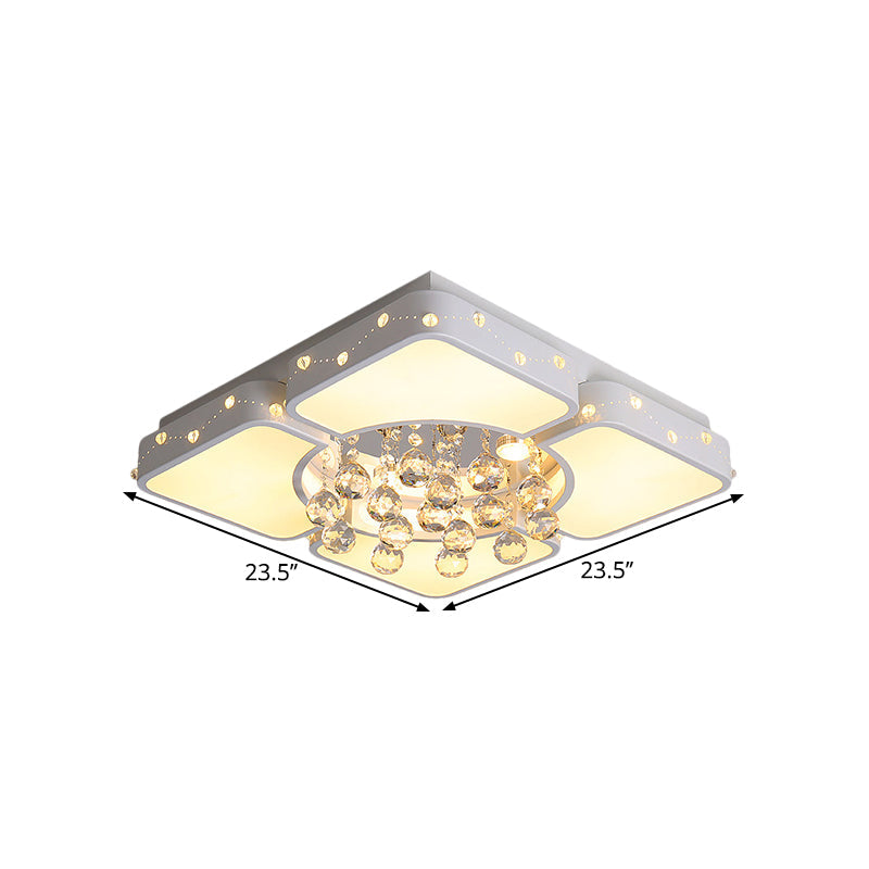 Modernist Metal Led Bedroom Flush Mount Light In White With Crystal Droplet | Square Close - To -