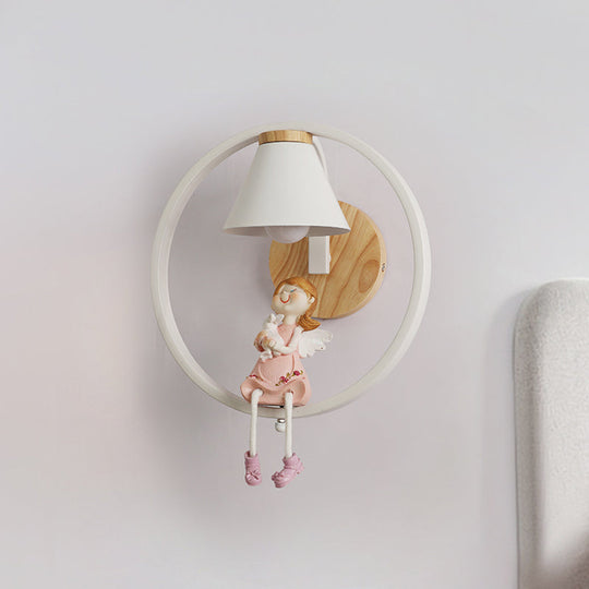 Adorable Deer/Angel Girl Wall Light: Cartoon Metal 1-Light Pink/Blue Lighting With Fabric Shade