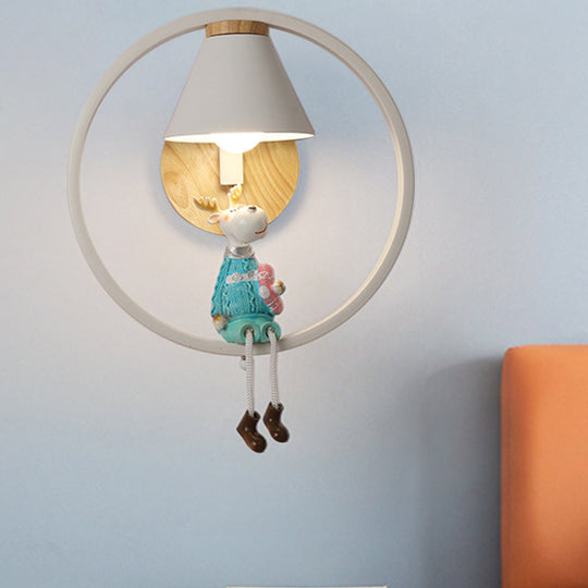 Adorable Deer/Angel Girl Wall Light: Cartoon Metal 1-Light Pink/Blue Lighting With Fabric Shade