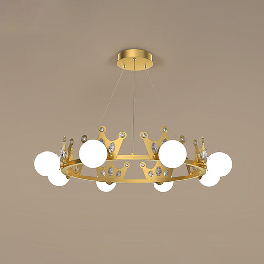 Gold Metal Crown Chandelier Lamp For Kids - 5/8 Lights Hanging Pendant With Frosted Glass Ball Shade