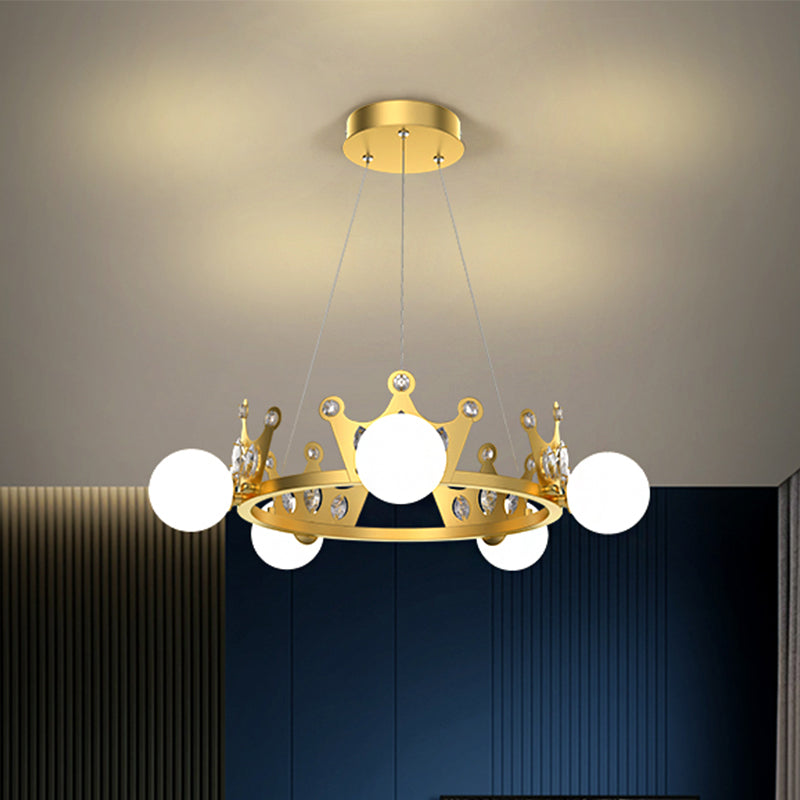Gold Metal Crown Chandelier Lamp For Kids - 5/8 Lights Hanging Pendant With Frosted Glass Ball Shade