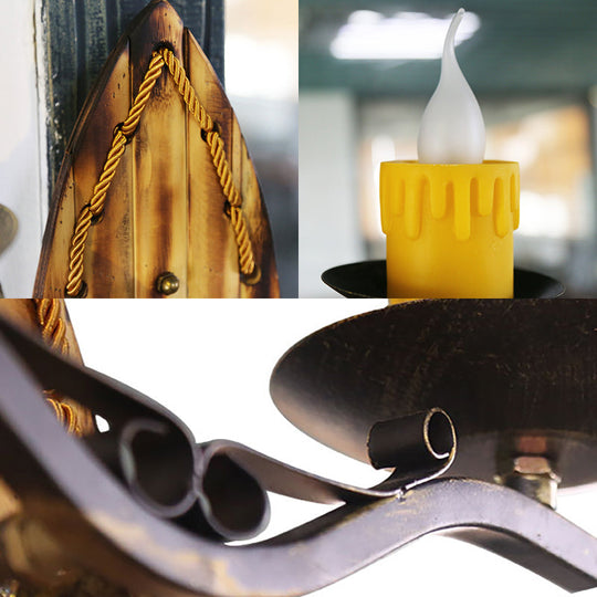 Vintage 2-Light Candle Sconce With Wood Backplate In Black Resin Wall Mount