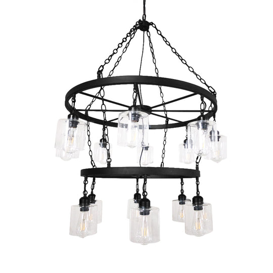 Industrial Pendant Chandelier: 2-Tier Wheel Multi-Light Lamp With Clear Glass Black Finish And