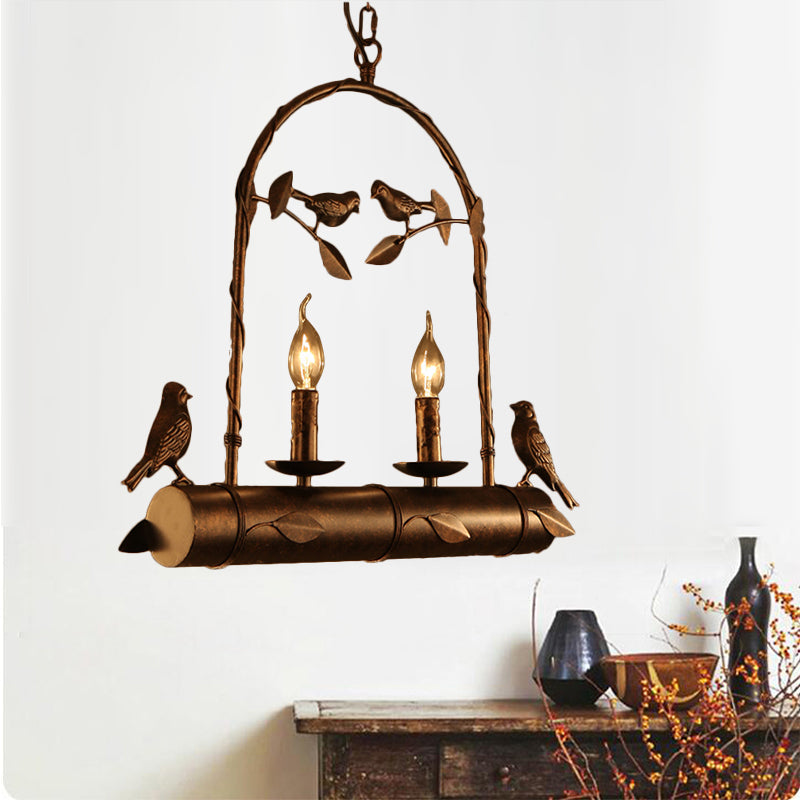 Lodge Birdcage Chandelier Lamp With Flameless Candle - Wrought Iron Pendant Lighting In Dark Rust