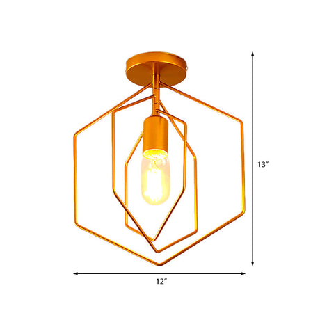 Retro Loft Gold Metal Hexagon Semi Flush Pendant Light For Living Room