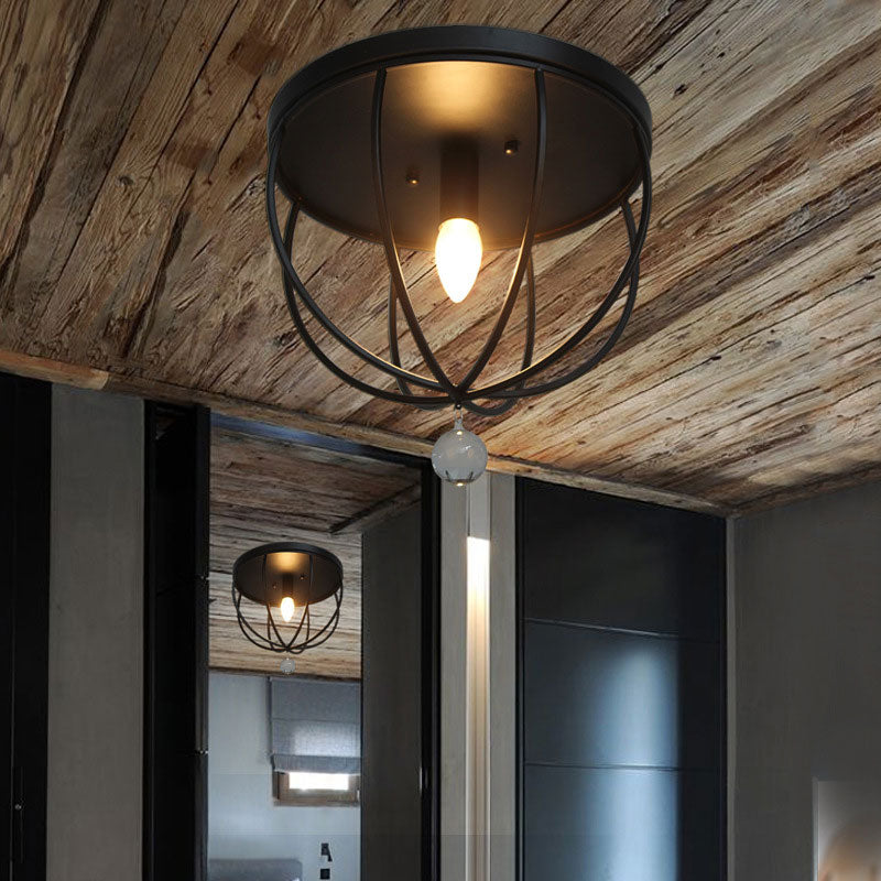 Retro Black Metallic Flush Mount Ceiling Light With Wire Cage And Clear Crystal Ball - 1/4/5 Heads 1