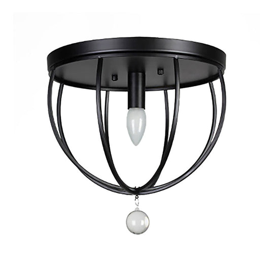 Retro Black Metallic Flush Mount Ceiling Light With Wire Cage And Clear Crystal Ball - 1/4/5 Heads