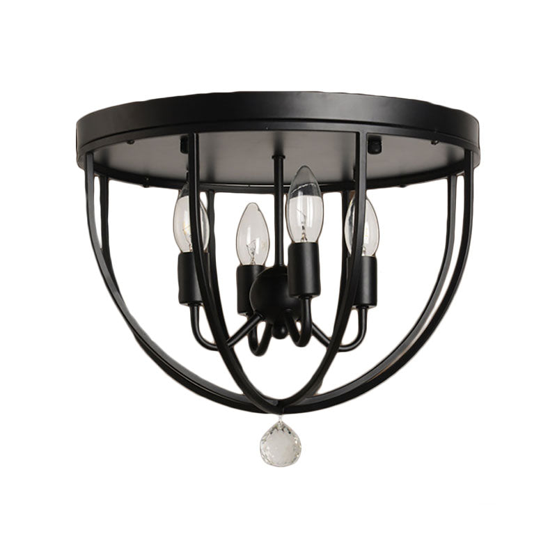 Retro Black Metallic Flush Mount Ceiling Light With Wire Cage And Clear Crystal Ball - 1/4/5 Heads