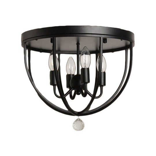 Retro Black Metallic Flush Mount Ceiling Light With Wire Cage And Clear Crystal Ball - 1/4/5 Heads