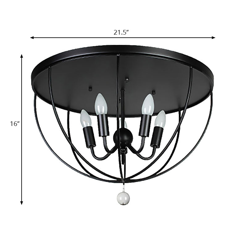 Retro Black Metallic Flush Mount Ceiling Light With Wire Cage And Clear Crystal Ball - 1/4/5 Heads