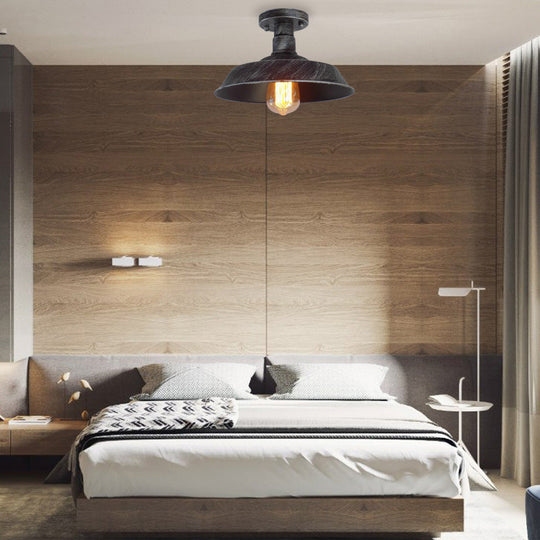 Barn Shade Semi-Flush Mount Ceiling Light In Aged Silver/Weathered Copper For Farmhouse Decor Silver