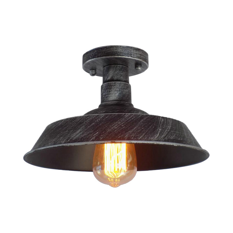 Barn Shade Semi-Flush Mount Ceiling Light In Aged Silver/Weathered Copper For Farmhouse Decor