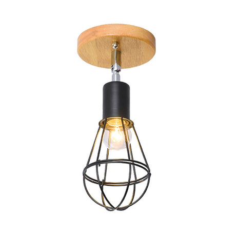 Industrial Loft Ceiling Fixture With Wire Cage And Rotatable Bulb - Black Metallic Semi-Flush Mount