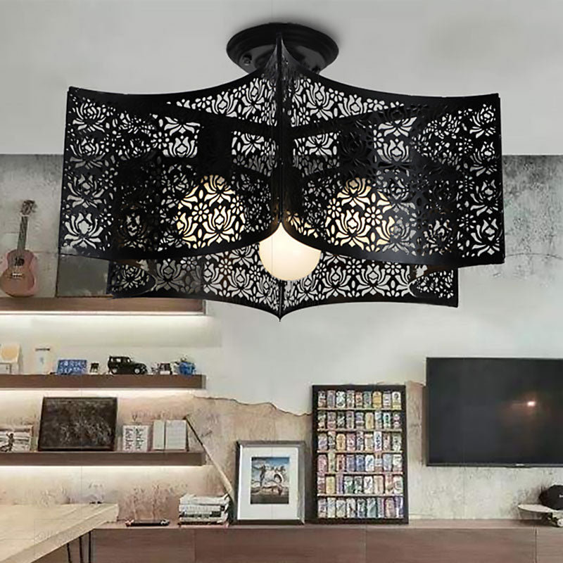 Black Drum Design Semi Flush Light - Vintage Retro Metallic 3-Head Foyer Mount 16’/16.5’ W / 21’