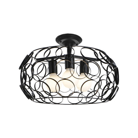 Black Drum Design Semi Flush Light - Vintage Retro Metallic 3-Head Foyer Mount 16’/16.5’ W