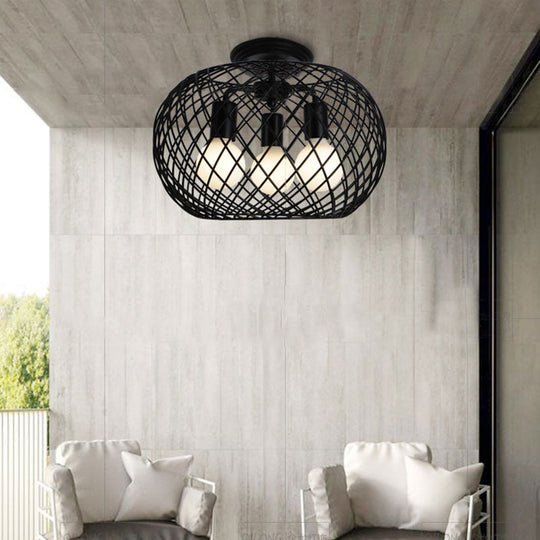 Black Drum Design Semi Flush Light - Vintage Retro Metallic 3-Head Foyer Mount 16’/16.5’ W / 16.5’