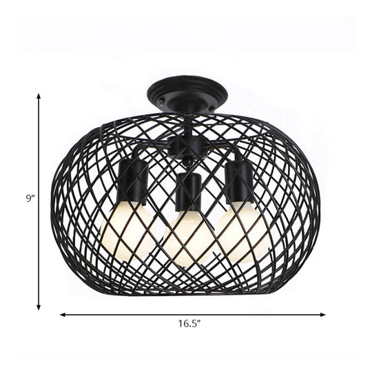 Black Drum Design Semi Flush Light - Vintage Retro Metallic 3-Head Foyer Mount 16’/16.5’ W