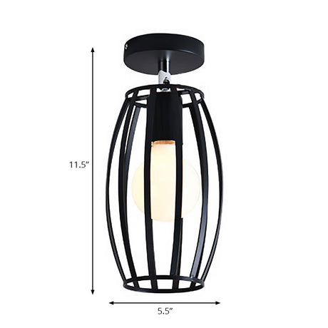 Industrial Black Cage Pendant Light For Corridor Ceiling - Semi Flush Globe/Oval Shape With Iron