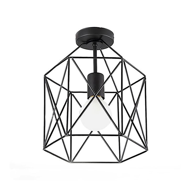Geometric Cage Semi - Flush Ceiling Fixture - Industrial Black Metallic Finish Balcony Lighting