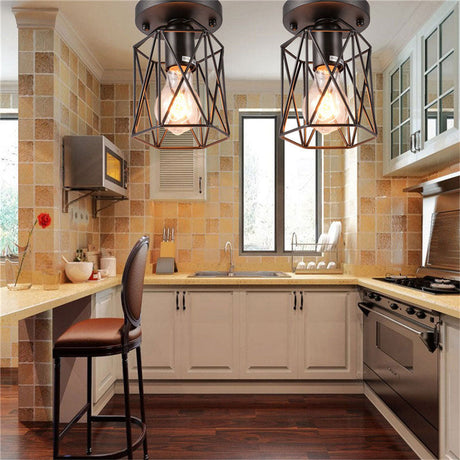Vintage Style Black Wire Cage Semi Flush Light Ceiling Mounted Fixture For Kitchen