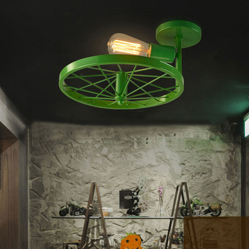 Semi-Flush Ceiling Light With Exposed Bulb Industrial Wheel Design In White/Red Metallic Green