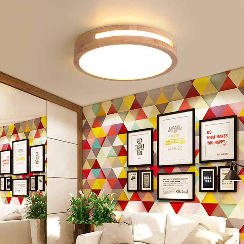 Nordic Led Flush Ceiling Light With Natural Wood Drum Design Warm/White Lighting 12/16/19.5 Diameter