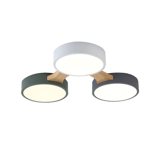 Nordic Wood And Metal Flush Ceiling Light - Round Grey Shade 3/4/5 Lights Ideal For Bedroom