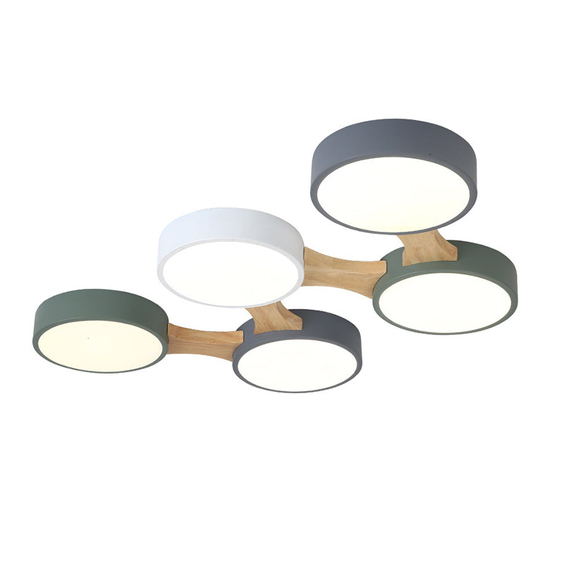 Nordic Wood And Metal Flush Ceiling Light - Round Grey Shade 3/4/5 Lights Ideal For Bedroom