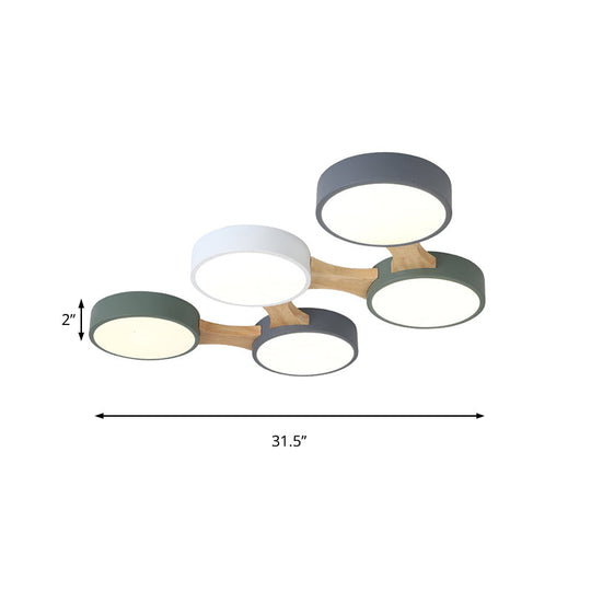 Nordic Wood And Metal Flush Ceiling Light - Round Grey Shade 3/4/5 Lights Ideal For Bedroom