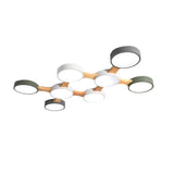 Nordic Wood And Metal Flush Ceiling Light - Round Grey Shade 3/4/5 Lights Ideal For Bedroom