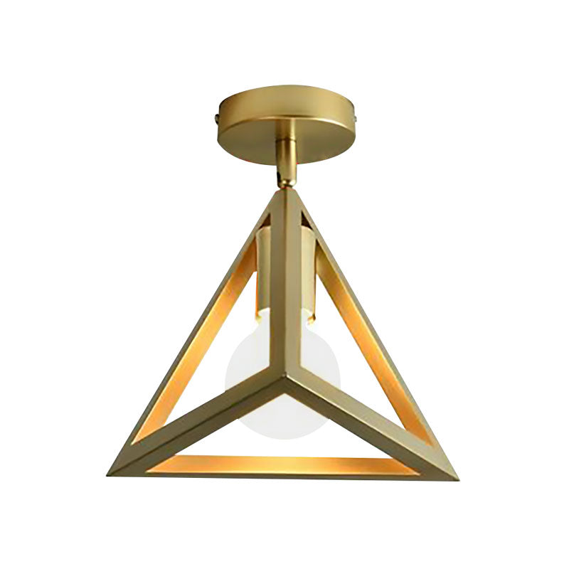 Triangle Brass Semi - Flush Bedroom Ceiling Lamp With Industrial Wire Frame