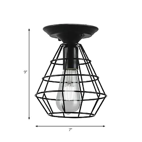 Industrial Stylish Black Iron Ceiling Lamp - Oval/Bell Cage Design 1 Head Semi Flush Pendant Light